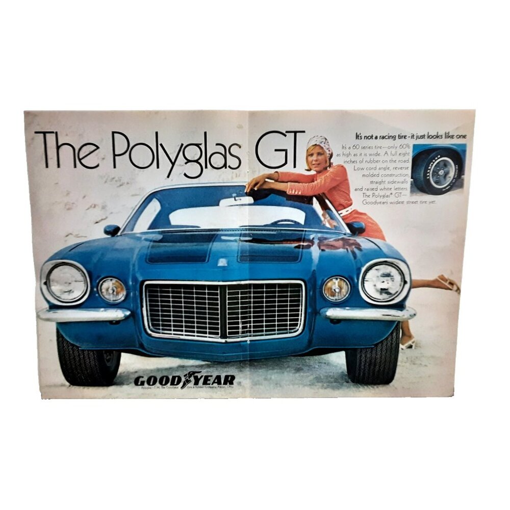 1970 Goodyear Polyglas GT Tire Vintage Print Ad Blue Chevy Camaro Muscle Car